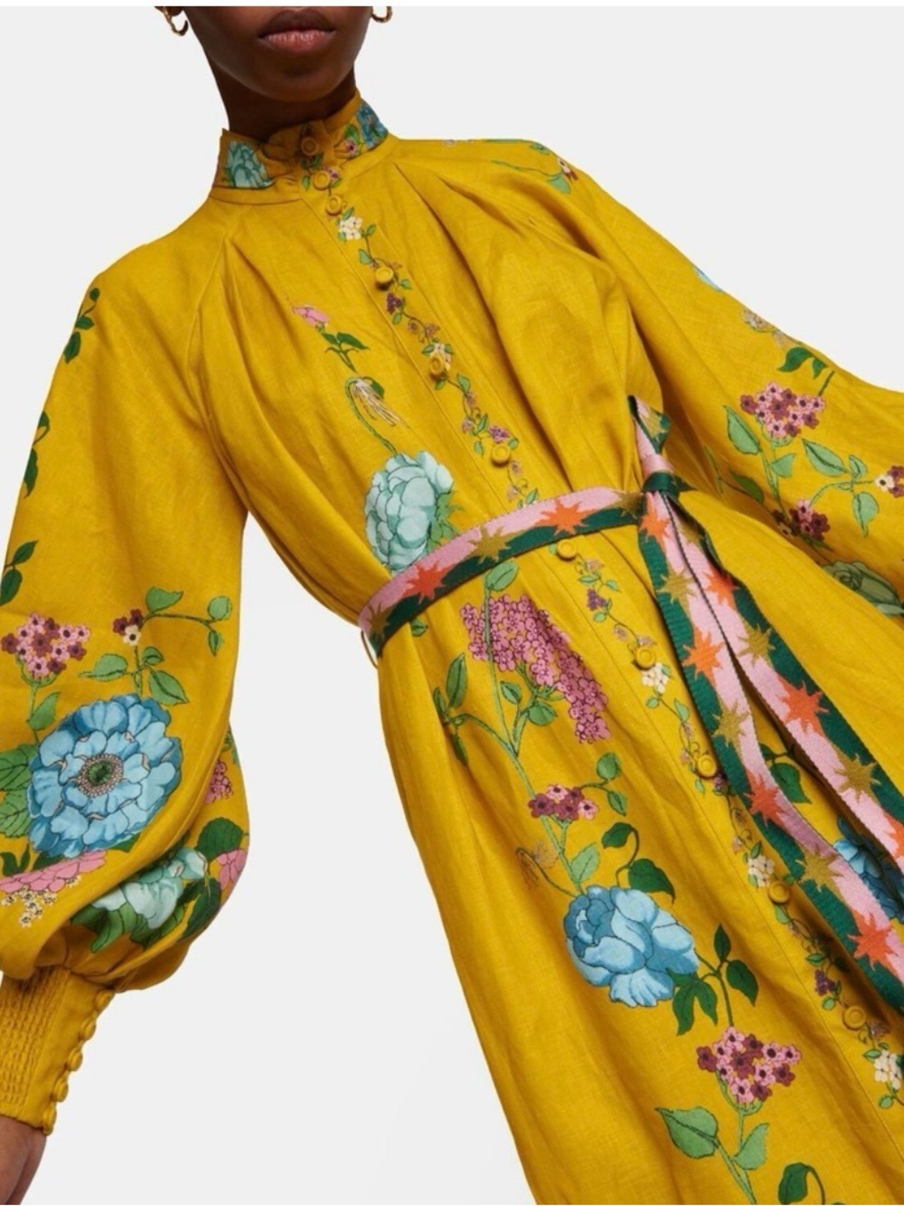 ALÉMAIS Floral Linen Maxi Dress AU 8 US 4 Yellow Belted Botanical Print